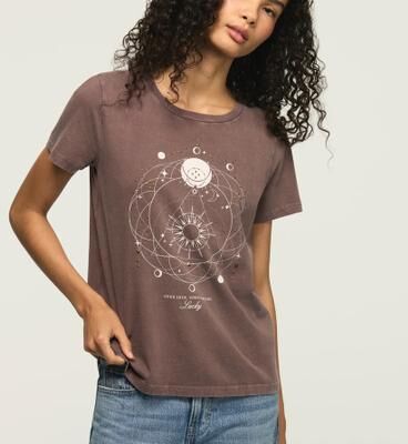 Lucky Brand Embellished Celestial Spirit Classic Crew in Plum Truffle, Size L