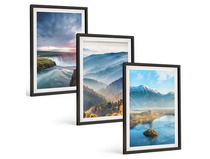 Tulup Bilder SET 3er Set - 40x60 cm Schwarzer Rahmen - Berglandschaften, Wasserfälle, Kunststoff, Rechteckig, 40x60 cm, gerahmt, Bilder & Rahmen, Bilder