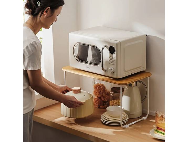 Étagère de rangement en bambou réglable pour micro-ondes, organisateur de cuisine, support de four, étagère à 1 niveau, support de condiments et d'épices pour la maison