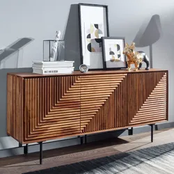 Massivholz Design Sideboard 150cm Sheesham Kommode mit 3 Türen Retro Design Metall schwarz