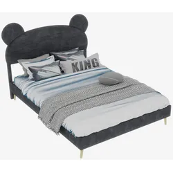 STILVORA Modernes minimalistisches Polsterbett 140x200 cm mit buntem Cartoon-Kopfteil in Grau – Multifunktionales Schlafzimmermöbel