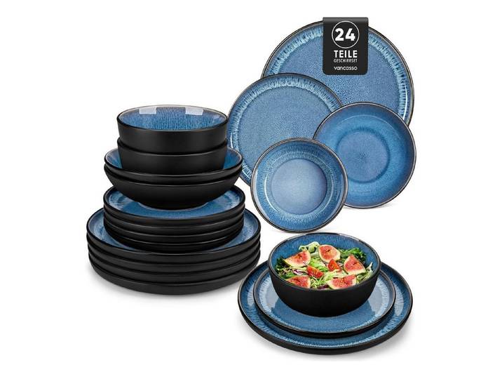 LuxusKollektion Tafelservice Geschirrset Steingut 6 Personen 24tlg Blau Teller 24 Teile Set Blau