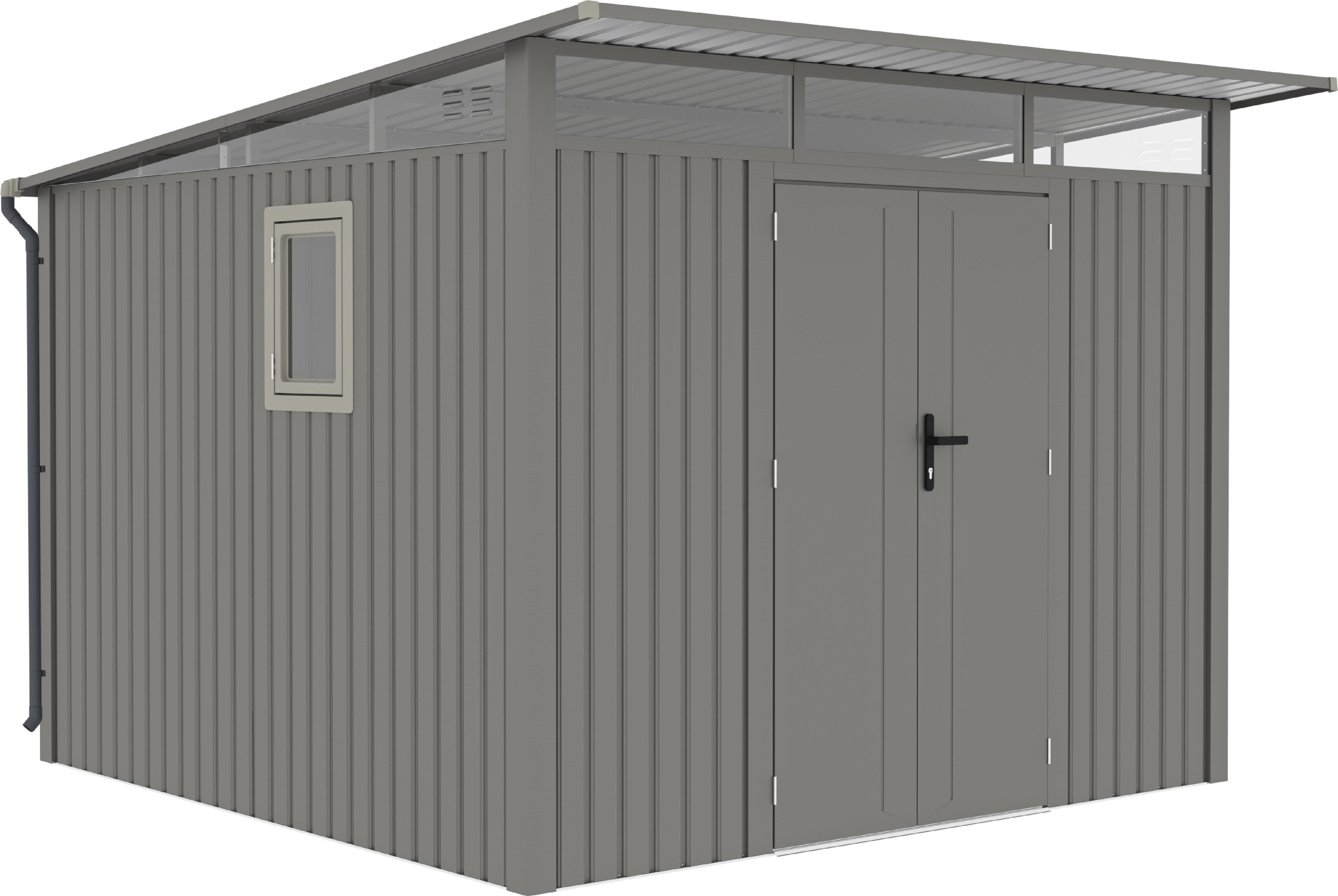Rockford Gerätehaus Metall Geräteschuppen 296 x 318 cm Gartenhaus mit Pultdach inkl. Regenrohre Porto 400 Grau