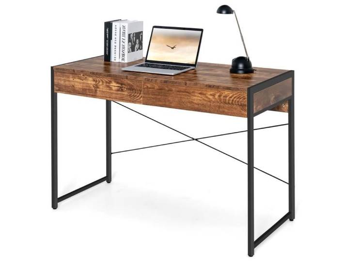COSTWAY Bureau Informatique - 2 Tiroirs Table d'Étude - 112 x 48 x 76 cm (L x l x H) -Structure en Acier Marron Rustique