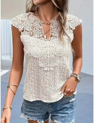 Inspired Finds Elegant Lace Patchwork V Neck Sleeveless Top Women's Summer Casual Chic Blouse khaki us 810