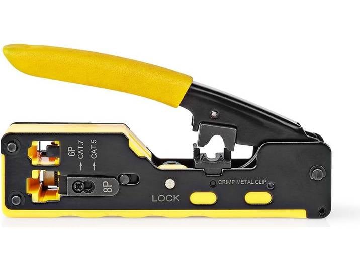 Pince à sertir CAT5 / CAT5e / CAT6 / CAT6a / CAT7 / RJ12 / RJ45 Couper / Dénuder / Pince Caoutchouc / Acier Jaune / Noir