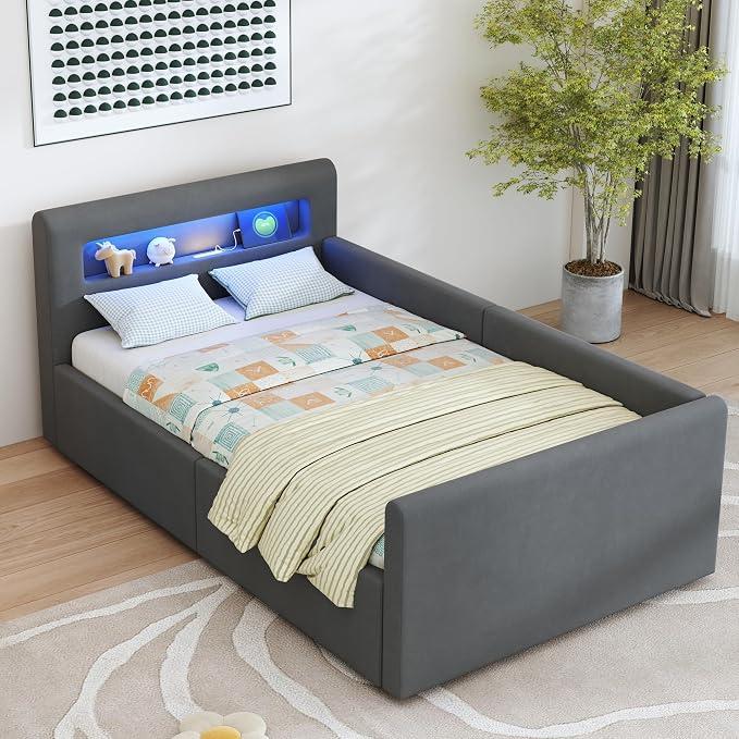 Kinderbett 90x200 cm mit Bettkasten, LED & USB, Polsterbett aus Samt | Ideal als Kinderbett, Jugendbett oder Einzelbett mit LED-Beleuchtung, Nachtlicht & USB-Funktion, Dunkelgrau, ohne Matratze