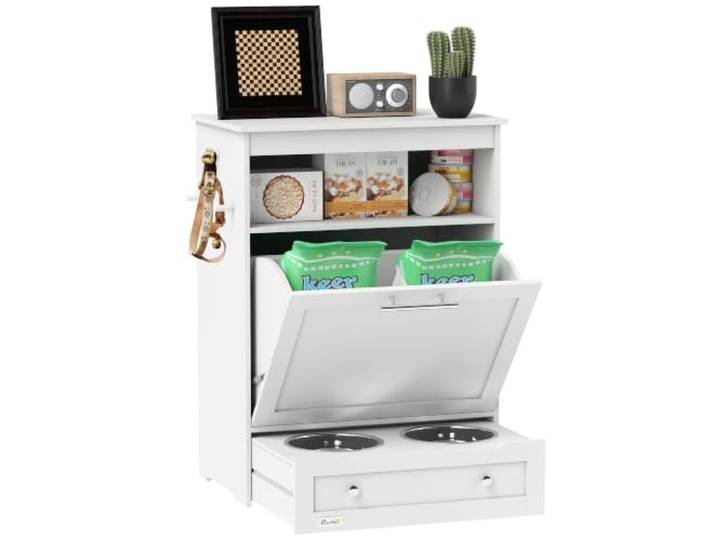 PawHut Haustier-Futterschrank mit 2 Edelstahlnäpfen 61 x 35,5 x 82 cm Weiß Lagerschrank, 3 Haken, Schublade, Futterstation, Offenes Fach, Kipptür, Für Hunde, Hundefutter Aufbewahrung