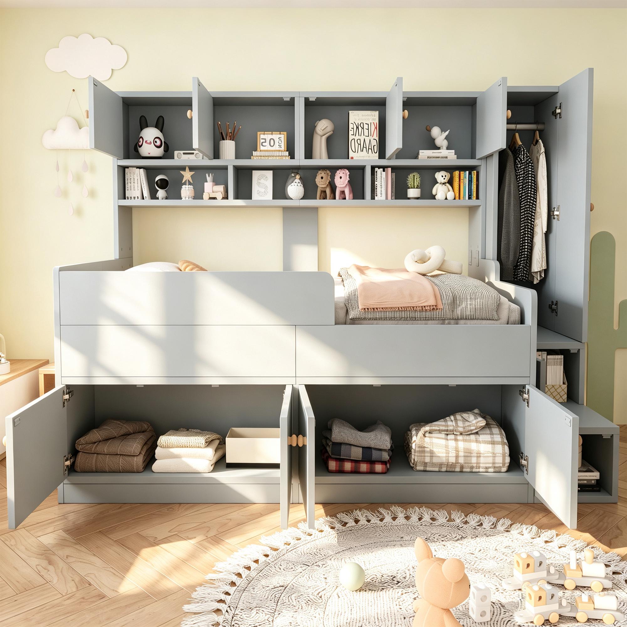 Kinderbett 90x200cm in Grau im Paneelstil mit Stauraum und farbwechselnder LED-Beleuchtung aus Holzwerkstoffen für das Kinderzimmer