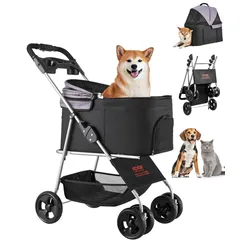 VEVOR Hundewagen 81x46x97 cm, 16 kg Tragkraft, faltbarer Hundebuggy, 4-Rad-Buggy mit abnehmbarer Trage und Netzfenstern, tragbarer Haustier-Buggy mit Bremse für kleine bis mittelgroße Haustiere