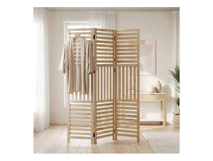 Homestyle4u Paravent Raumteiler Indoor Holz Trennwand Natur Sichtschutz faltbar Lamellen (3-teilig), Paneel Paneeloptik