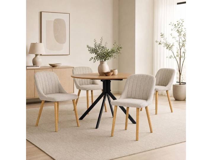 GOEURVANT Ensemble Table Ronde Ø100cm Chêne et 4 Chaises Beige Tissu Texturé Plateau Monobloc Pieds Métal Noir Salle à Manger