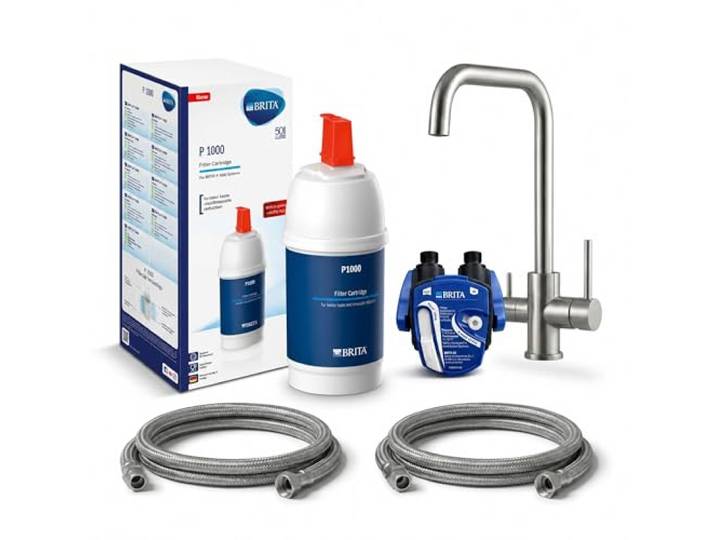 VANTO INOX 3 Wege Wasserhahn Küche Set – Edelstahl 304 Küchenarmatur Hochdruck – Untertisch Wasserfilter Trinkwasserfilter mit BRITA P1000, Filterkopf Schläuchen & Adapter U-Auslauf