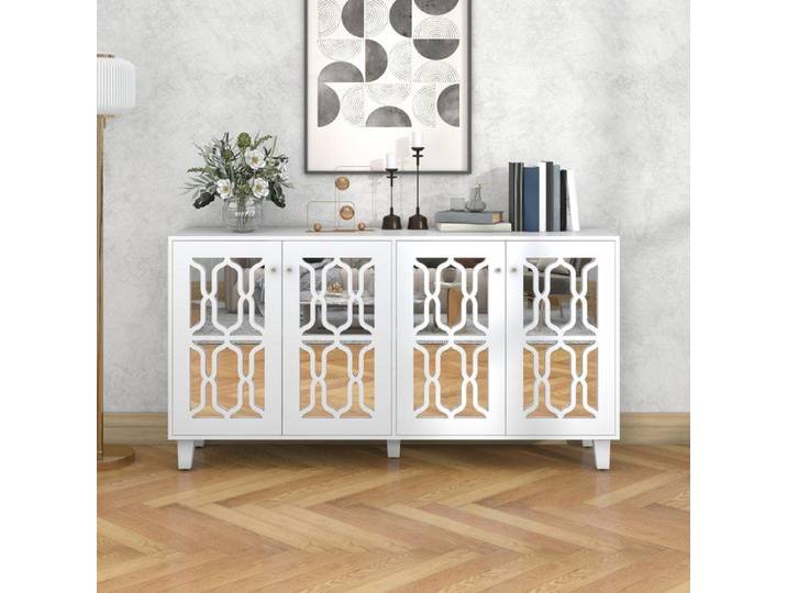Buffet Miroir 4 Portes - Blanc - 160x40x84cm - Poignées en Cristal