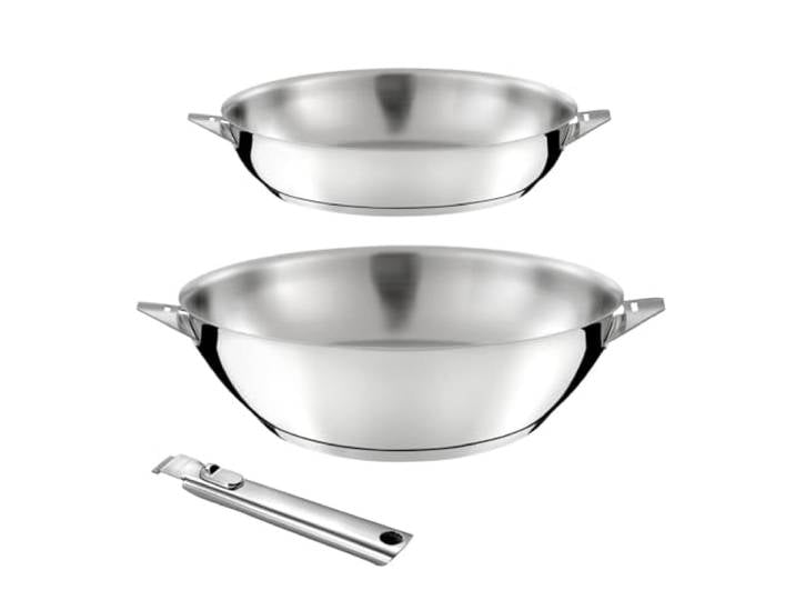 Cuisinox Eclipse lot wok 28 cm + poêle 24 cm + poignée amovible\, tout inox Lot wok 28 cm + poêle 24 cm + poignée amovible\, tout inox\, inox 18/10\, fond encapsulé 6\,3 mm\, tous feux dont induction