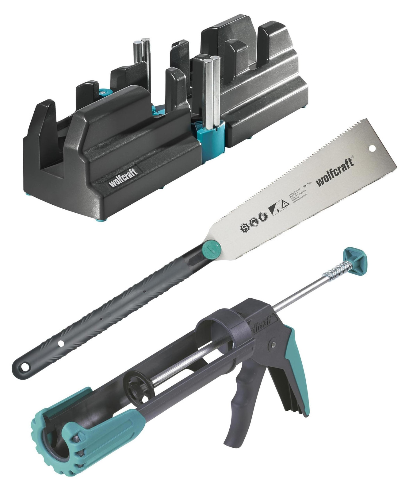 Wolfcraft Gelijk-set met plintlatten, hoeklatten, zaagblad, schuifzaag en cartridgepers tot 70 mm