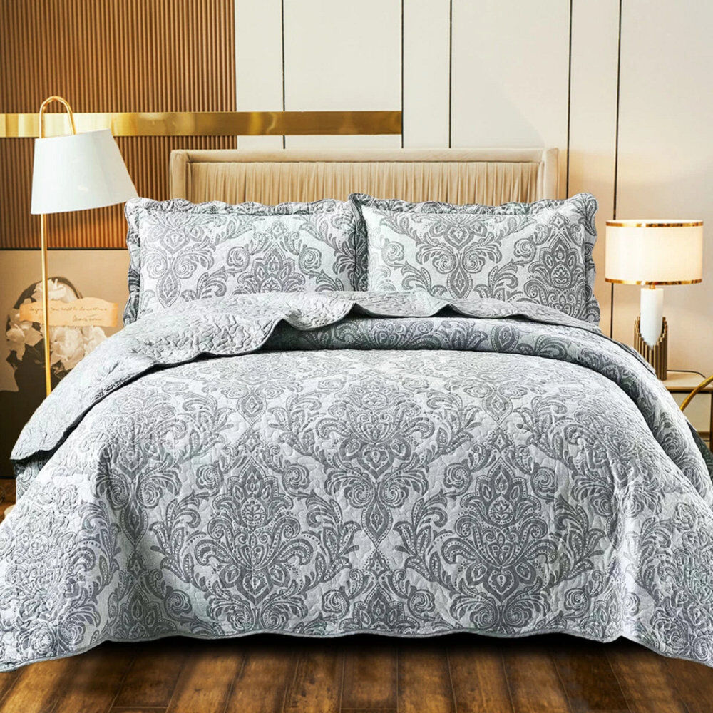 Household Furnishing Polyester Patchwork Bedspread with Pillow Shams Included Grey King Bedspread + 2 Standard Shams