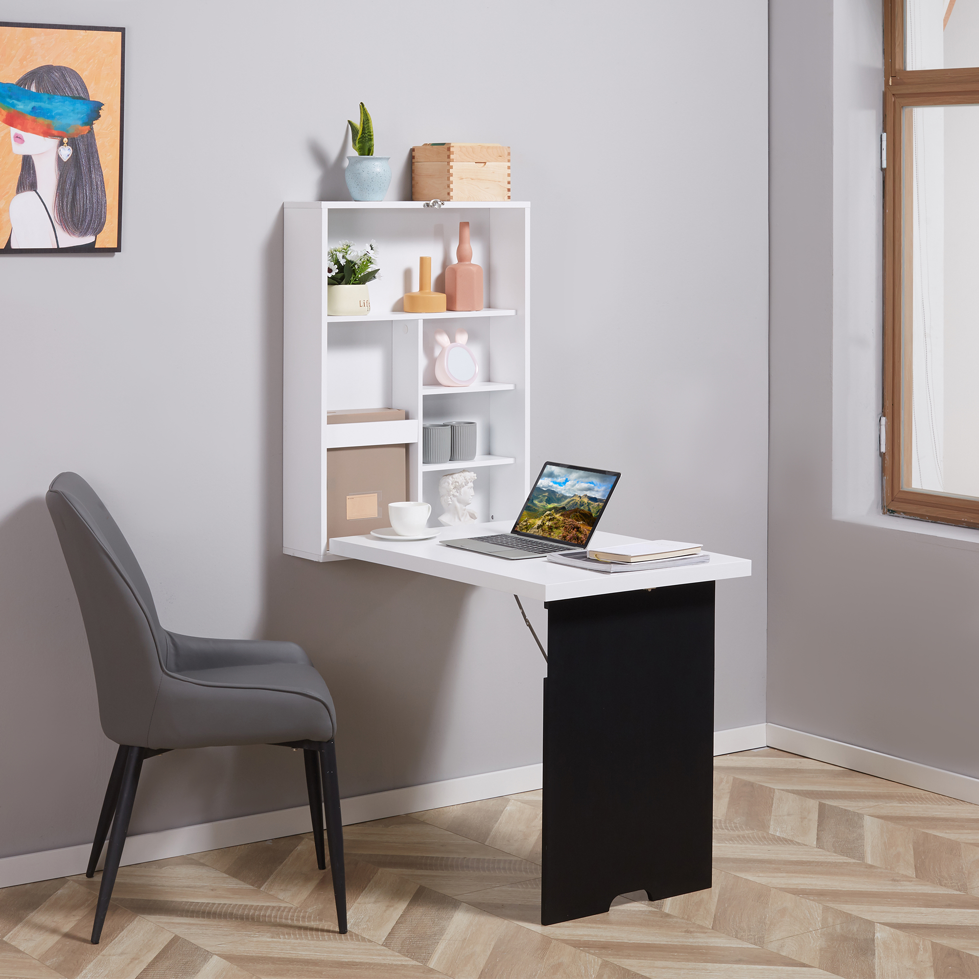 Homcom Scrivania da parete ribaltabile con 5 scomparti 60x94,5x147 cm, nero/bianco   Aosom Italy