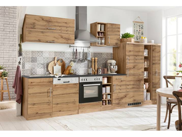 Klapphängeschrank KOCHSTATION KS-Colmar , braun (wotaneiche), B:110cm H:57cm T:34cm, Holzwerkstoff, Schränke, 110 cm, mit Metallgriff, für viel Stauraum