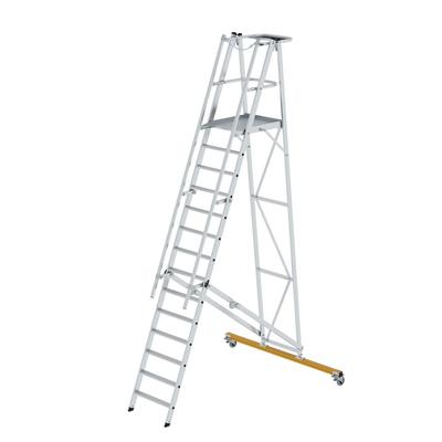 PROREGAL Plattformleiter klappbar und fahrbar | 14 Stufen | inkl. beidseitigem Handlauf | Aluminium | nivello Leiterschuhe
