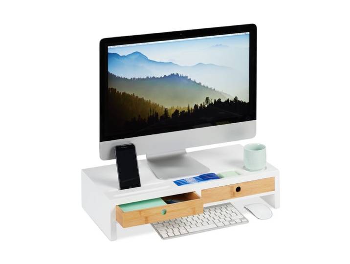 Relaxdays Monitorstandaard wit met opberglades