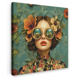 LEINWANDBILD Frau - Blumen - Schmetterlinge - Natur - Vintage Deko Groß 90x90 cm