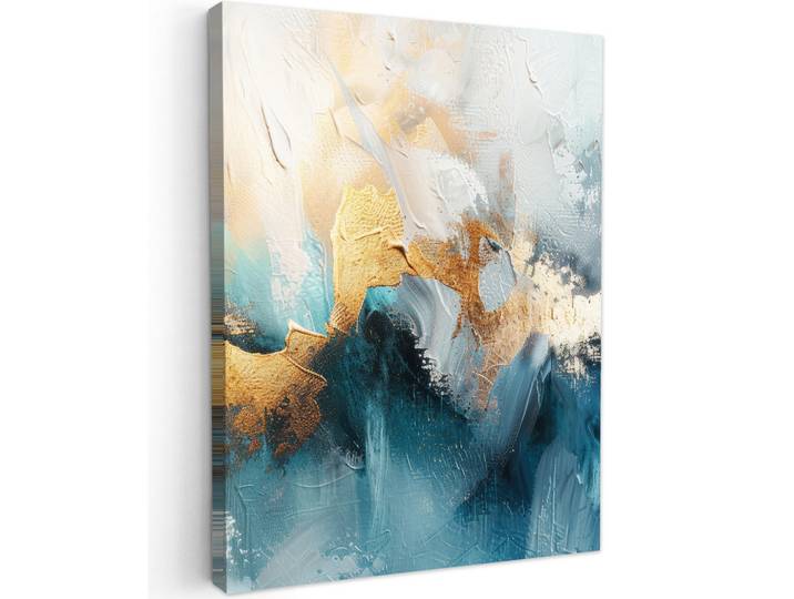 MuchoWow Leinwandbild - Abstrakt - Kunst - Gold - Blau - 60x80 - Gemälde, Petrol, Textil, Kiefer, Rechteckig, 60x80 cm, gerahmt, Bilder & Rahmen, Bilder, Wandbilder