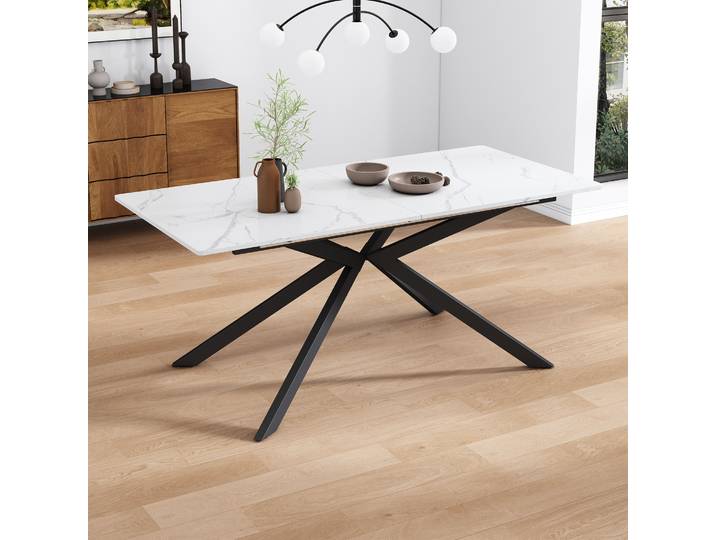 Table à manger extensible 150-180x70cm, design Sacrum, extensible automatiquement, aspect marbre, plateau en MDF noir/blanc