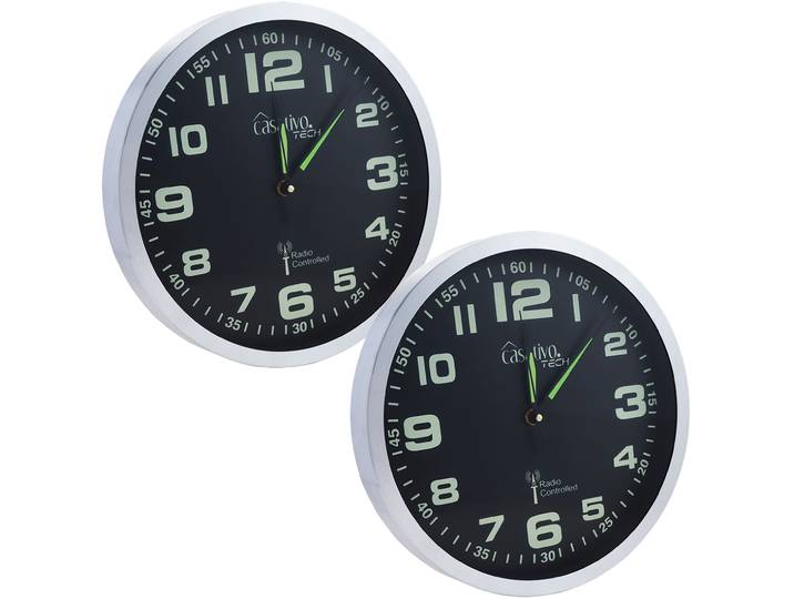 2er-Set Funk-Wanduhr mit laufruhigem Quarz-Uhrwerk, nachleuchtend, Ø 30 cm
