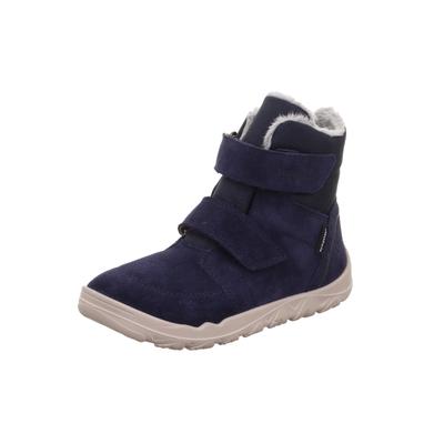 Barfußschuh SUPERFIT "WALDERI, WMS: weit", Jungen, Gr. 31, Warmfutter, weiß (dunkelblau), Veloursleder, Schuhe Barfußschuh, Klettboots mit Fellimitat am Schaftrand, Größenschablone zum Download