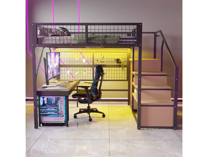 Lit mezzanine - KOMHTOM - 140x200 - Échelle avec rangement - Armoire ouverte - Bandeau LED intégré