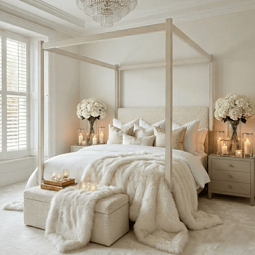 Eden Cream 4 Poster Wooden Bed with Cream Velvet Headboard, King