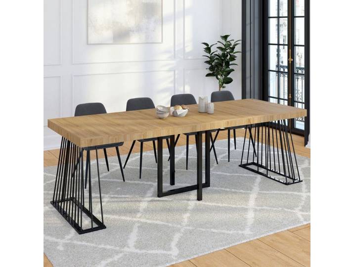 IDMARKET Table console extensible YUNA 10 personnes 235 cm plateau bois et pied filaire en métal noir