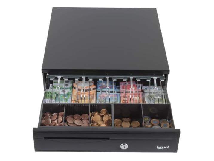 iggual - Tiroir-Caisse IRON-30 - Caisse Enregistreuse Manuelle ou Automatique pour 5 Billets et 5 Pièces - Serrure à 3 Positions - Matériau Acier + Plastique -Usage Professionnel -Noir (42 x 40\,5 x10)