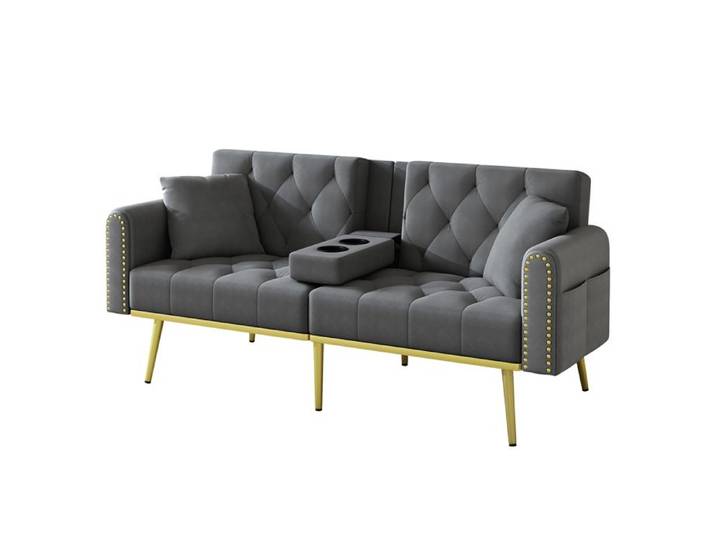 Canapé-lit pliable - 175x80x73.5 cm - Gris- Velours - Dossier réglable - Porte-gobelet - Poche latérale