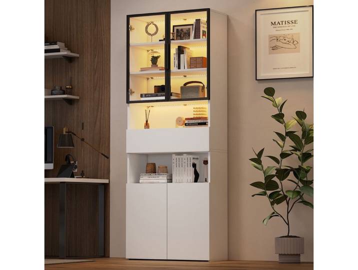 WOVREO vitrine haute 70 x 30 x 200 cm avec LED 2 portes vitrées 1 tiroir 2 niches ouvertes blanc
