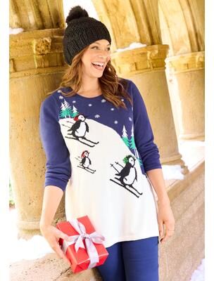 Plus Size Women's Cozy Critter Sweater by Catherines in Navy Ski Penguin (Size 4X)