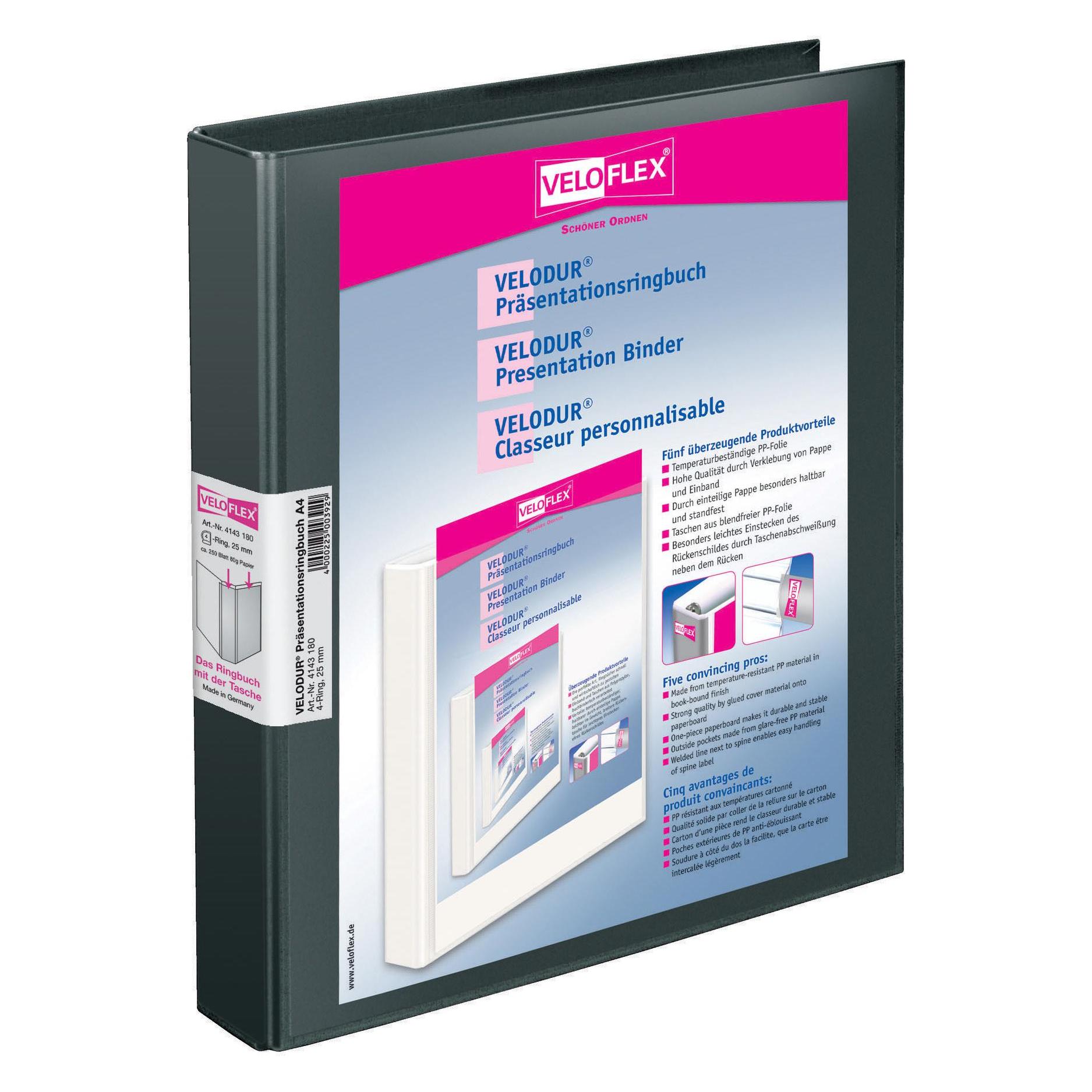 Veloflex Präsentationsringbuch VELODUR 40mm DIN A4 4 Ringe D-Mechanik Pappe schwarz (A4, 40 mm, 1 Stk.) (4143180)