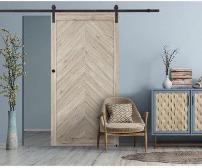 Pinecroft Millbrooke Driftwood Chevron PVC Barn Door Sliding Door Kit 36 x 84 Assembly Required