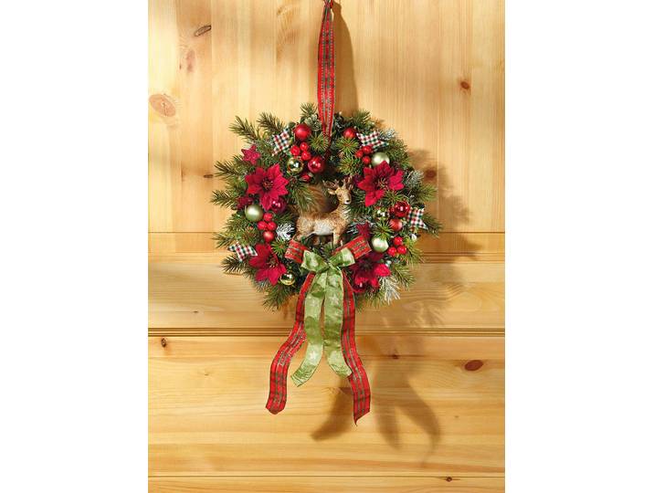 Wandkranz mit Weihnachtssternblüten, Grün-Rot