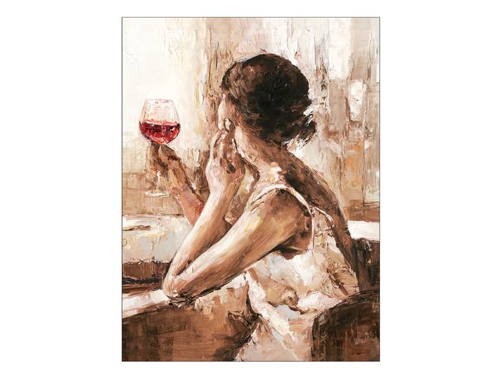 Tableau verre Girl With Wine Glass Verre flotté Beige/Marron/Rouge 60 x 80 x 1cm