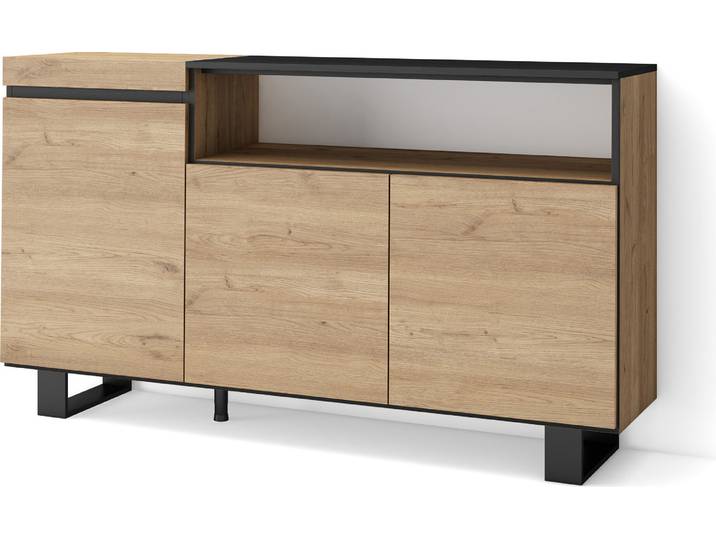 COZY Buffet salon et cuisine\, 150x35x87cm\, 3 Portes\, Chêne et noir