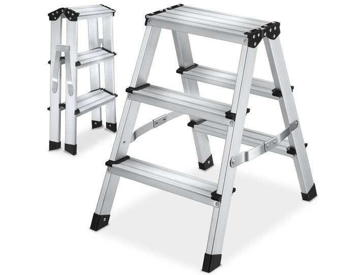 Doppelseitige Trittleiter Aluminium, klappbar, rutschfest - silber