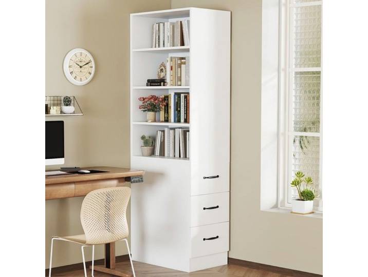 Bibliothèque extra-étroite 180 cm avec tiroirs - Étagères réglables et interchangeables - Buffet haut pour petit espace salon