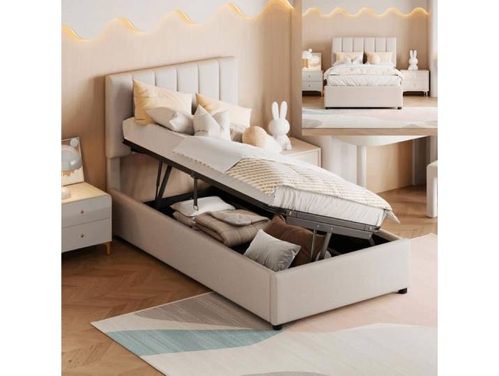 Lit avec sommier à lattes - SUNFECILI - 90x200 cm - Beige - Rangement hydraulique - Design classique