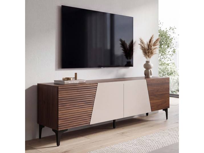 TV-Rack HWC-Q83, Lowboard TV-Schrank Türen 3D-Struktur Staufächer MDF Melamin 55x160x42cm ~ Eiche-Optik Walnuss-Optik