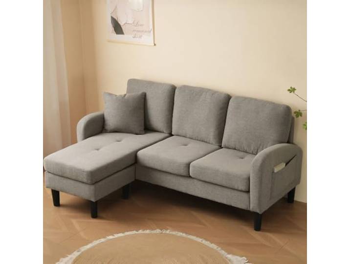 I0I&I0I L-förmiges Ecksofa 3-Sitzer Mit Chaiselongue Atmungsaktiver Baumwoll-Leinenstoff, Modulares Design Für Wohnzimmer, Apartment Und Büro (Antique Dark Grey + Foam + 3 Seat)
