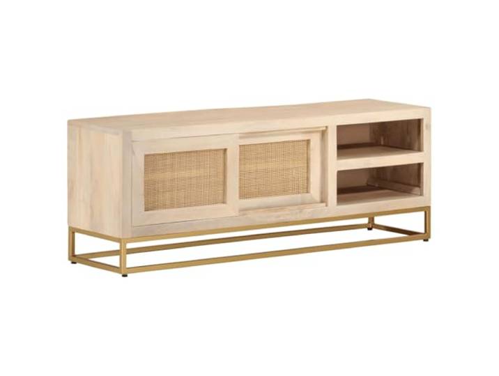 RJPLMFV TV-Schrank aus massivem Mangoholz, 110 x 30 x 40 cm, mit Füßen aus Massives Tropenholz, geräumige Aufbewahrung, Ausstellungsplatte, stabile Eisenbeine, praktischer Stil