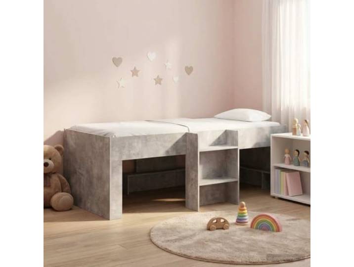 KTHLBRH Hochbett für Kinder, Grau, Zement, 75 x 190 cm Technisches Holz, integrierte Leiter, Unterbettraum, modernes Design