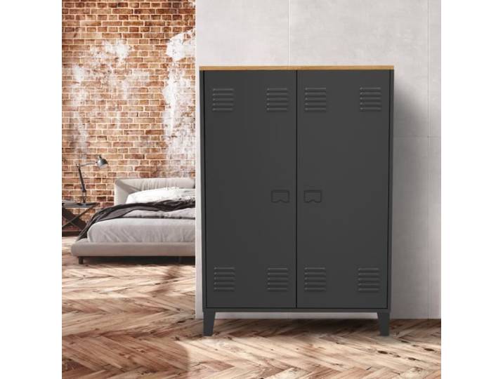 IDMARKET Armoire basse ESTER 2 portes métal noir et plateau bois design industriel